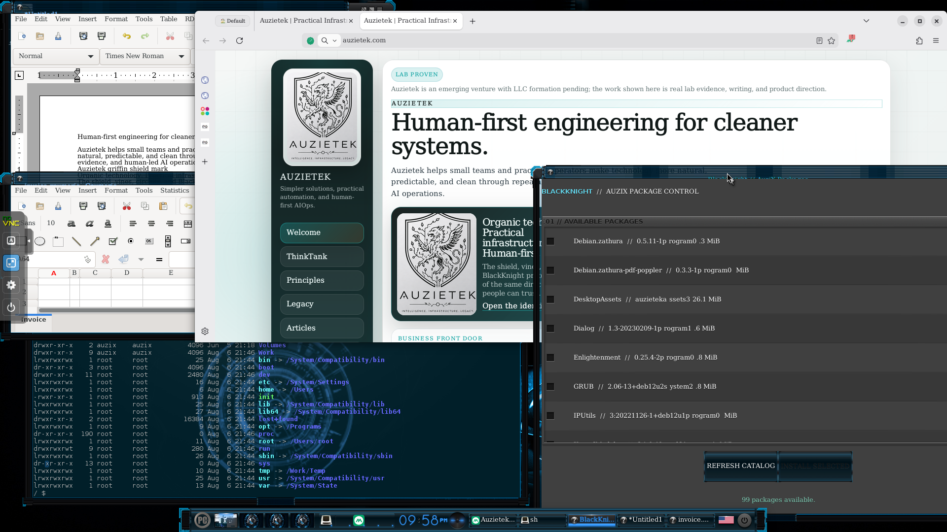 Installed AuziX desktop with office applications, Midori, Package Control, and a root-layout shell