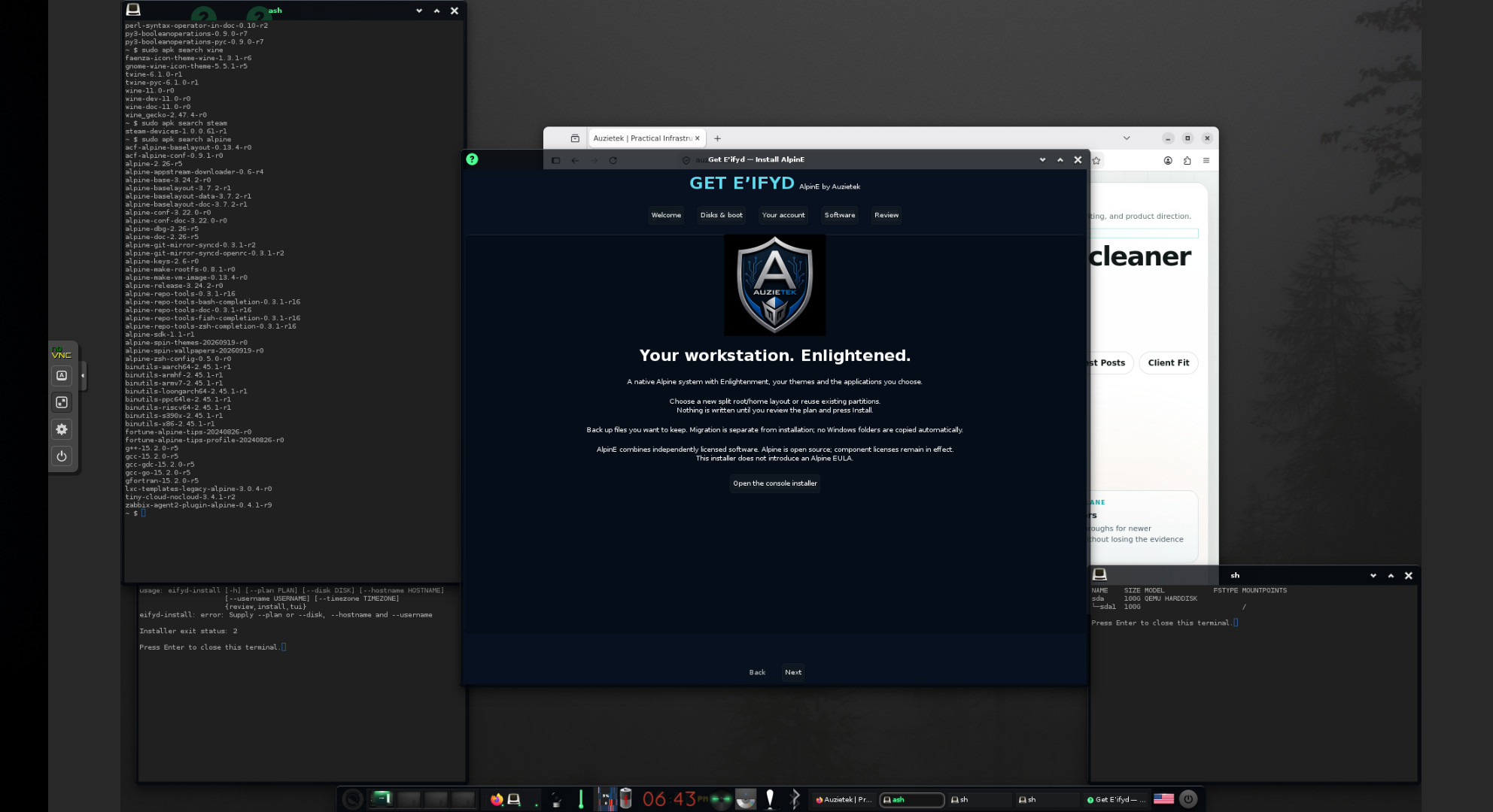 AlpinE installer and workstation preview running alongside the development environment