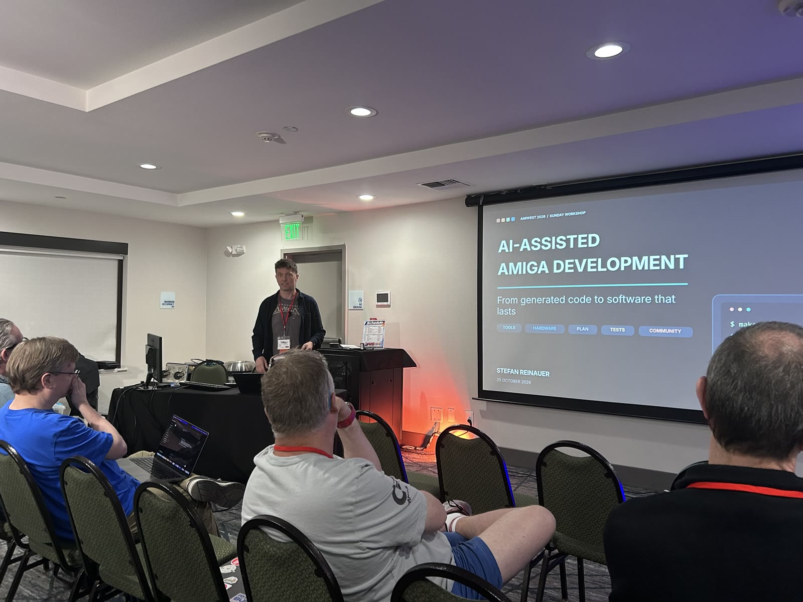 AmiWest workshop slide headed AI-Assisted Amiga Development